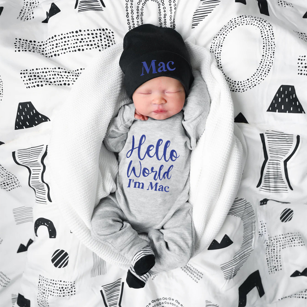 Personalized Embroidered Baby Hello World Romper and Hat Set | CWBaby166