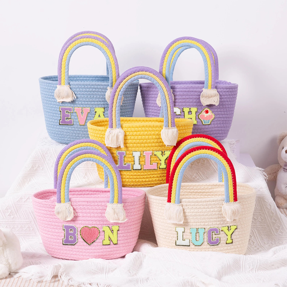 Personalized Kids Chenille Patch Cotton Rope Woven Tote Bag | CWBeach15401