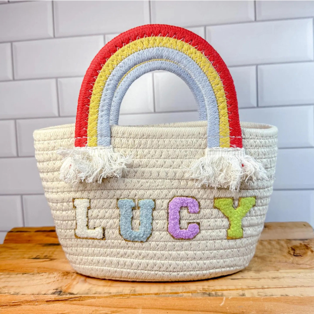 Personalized Kids Chenille Patch Cotton Rope Woven Tote Bag | CWBeach15401