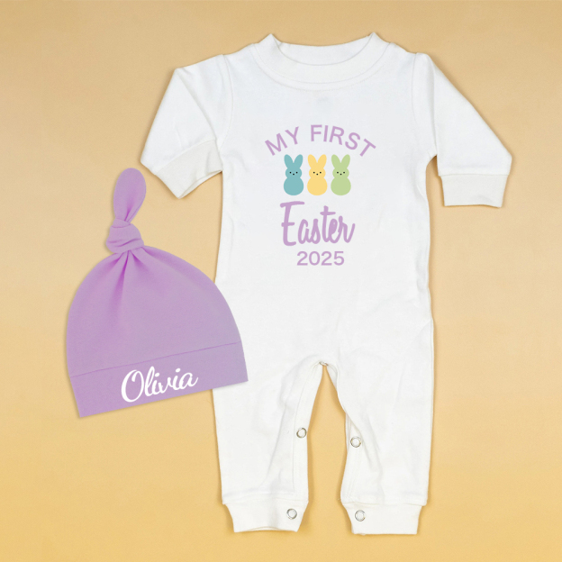 Personalized Baby Lovely First Easter Ropmer and Hat Set | CWBaby181