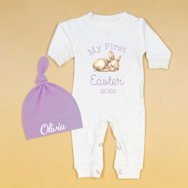 Personalized Baby First Easter Bunny Ropmer and Hat Set | CWBaby183