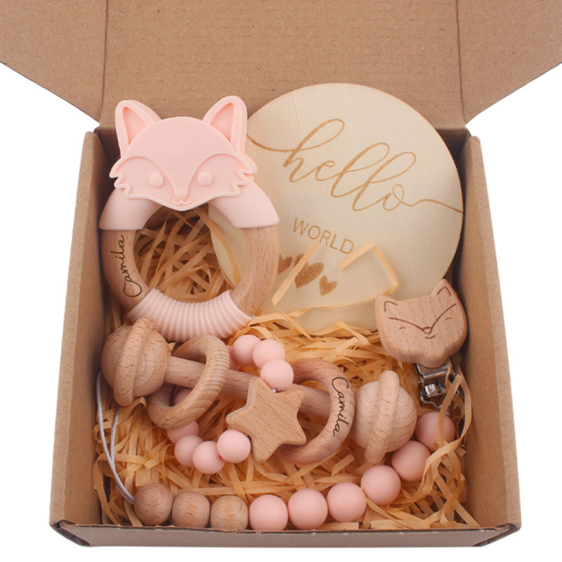 Personalized Baby Wooden Fox Pacifier Clip 4 Pcs Gift Set | CWBaby113