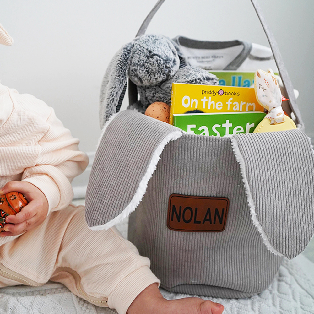 Personalized Leather Patch Corduroy Easter Bunny Basket | CWEaster4301