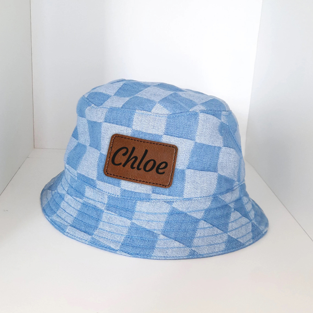 Personalized Leather Patch Checkerboard Denim Bucket Hat for Comfort & Unique | CWBeach175