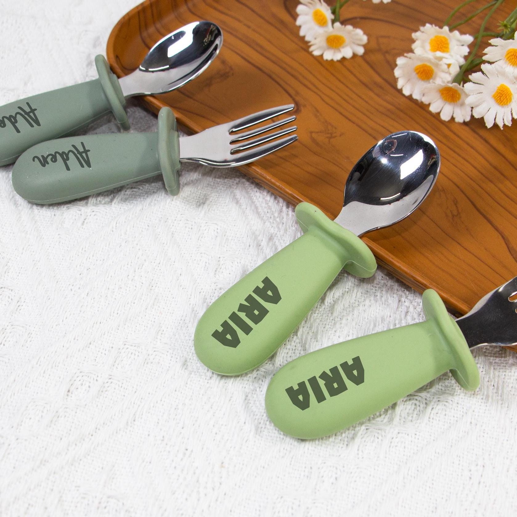 Personalised Kid Silicone Utensil Sets-Fork & Spoon  | CWBaby157