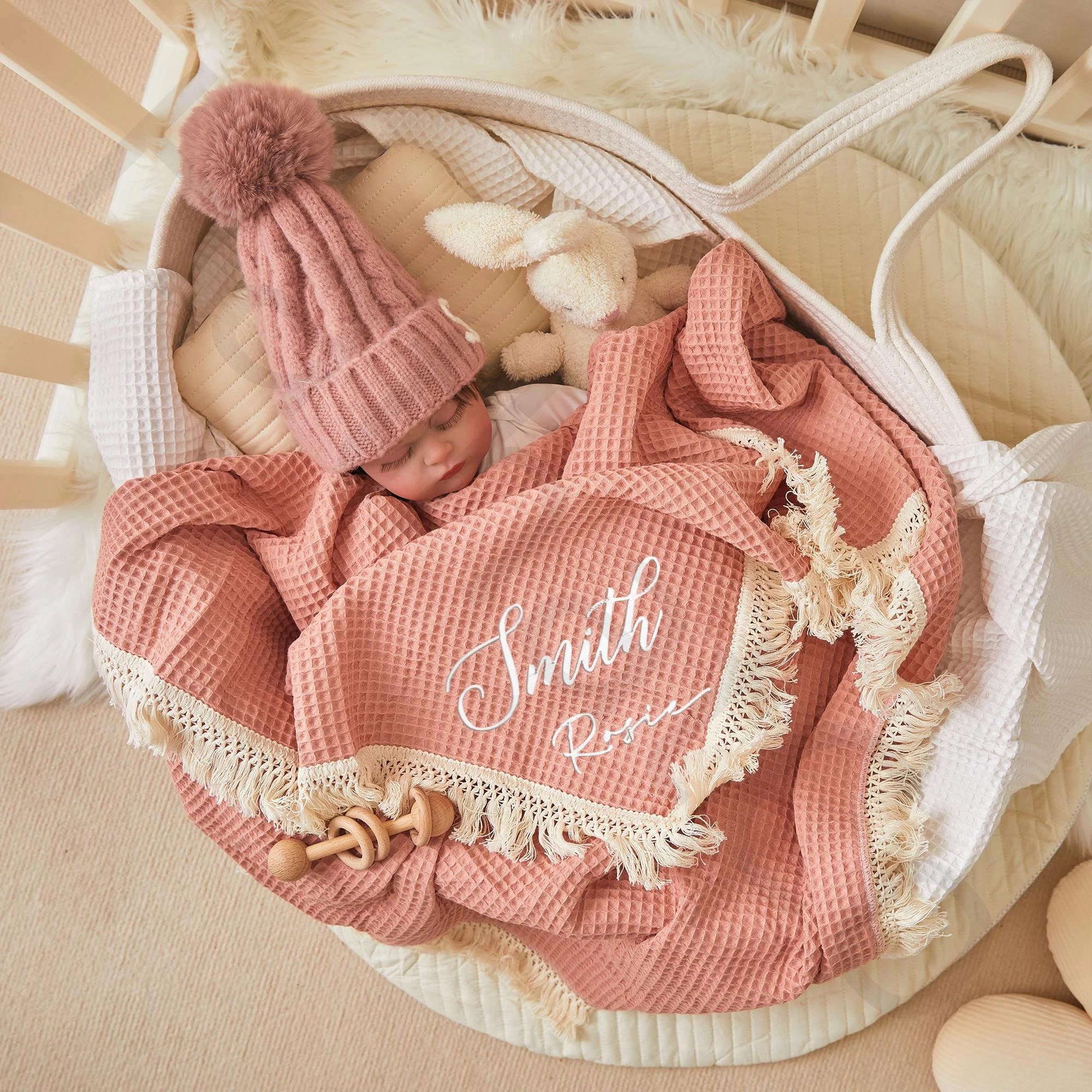Personalized Embroidered Waffle Tassel Blanket for Comfort & Unique| CWBaby47