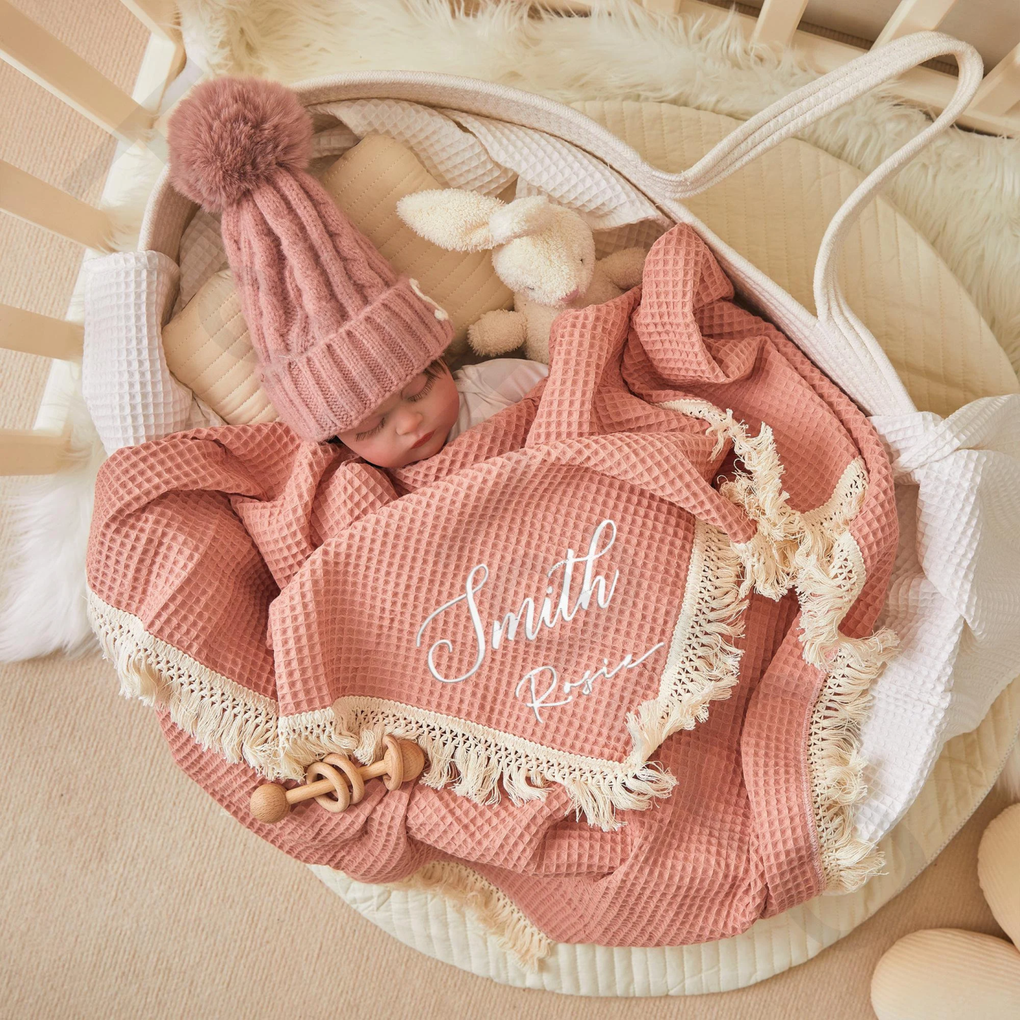 Personalized Embroidered Waffle Tassel Blanket for Comfort & Unique| C