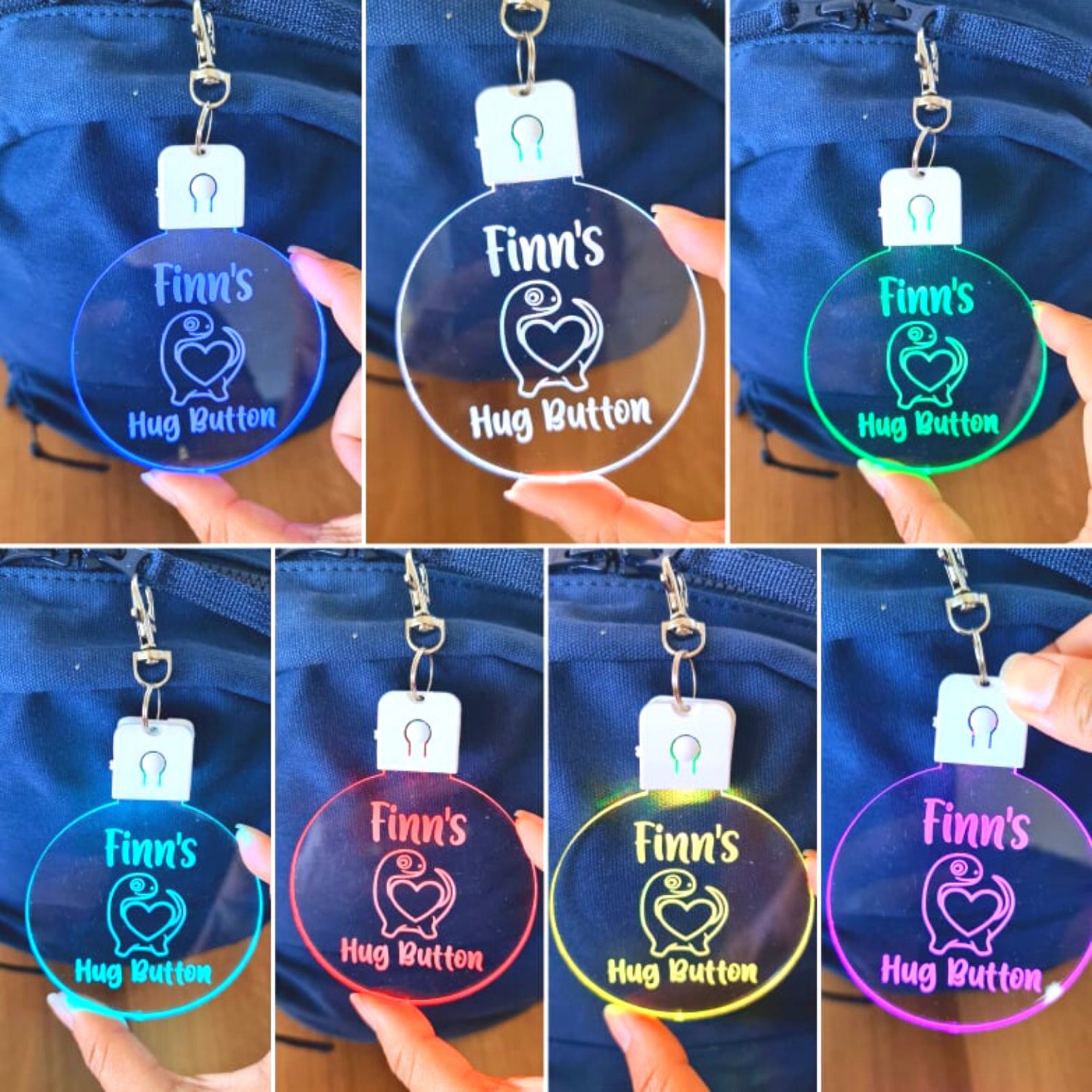 Personalized Name Kids Bag Tag LED Hug Button Keyring | CWToy59