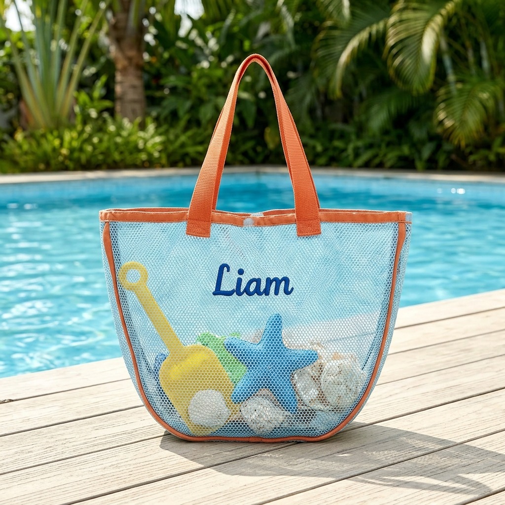 Personalized Embroidered Seashell Zipper Mesh Beach Bag | CWBeach249