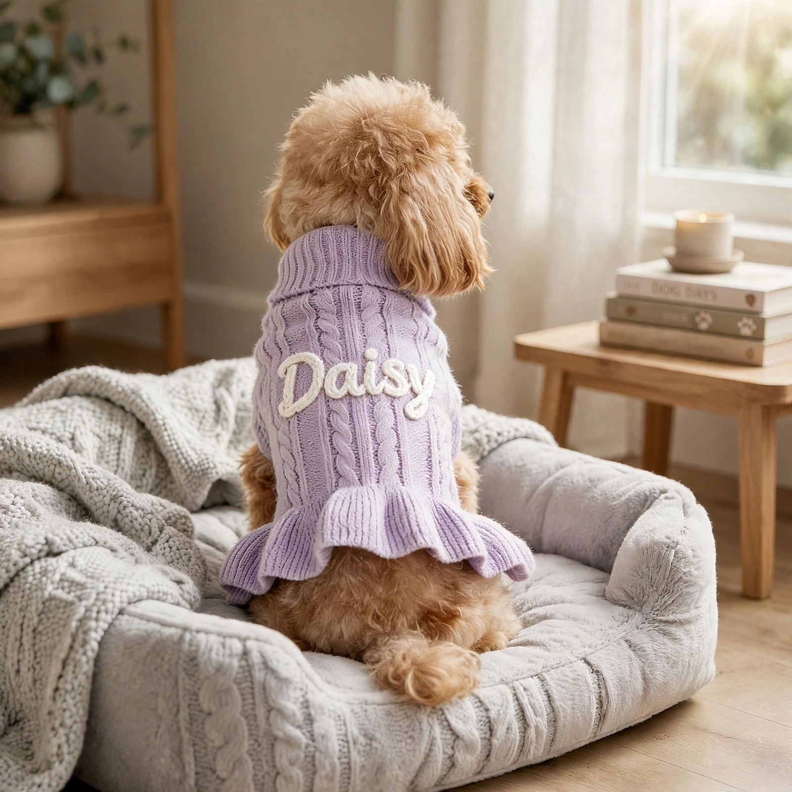 Personalized Hand Embroidered Pet Knitted Ruffle Sweater Dress | BKPet578