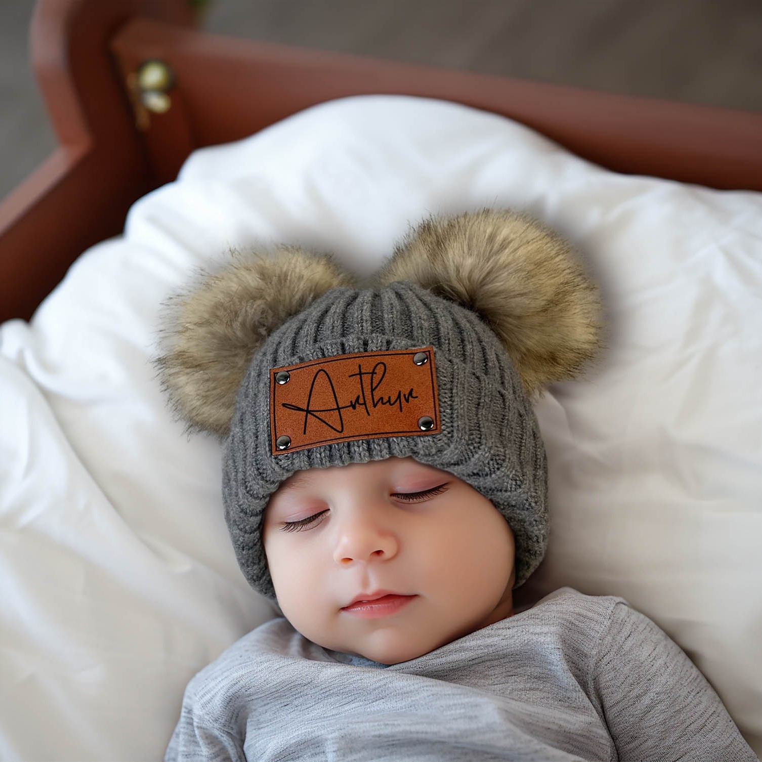 Personalized Leather Patch Pom Pom Hat for Comfort & Unique | HSKid26