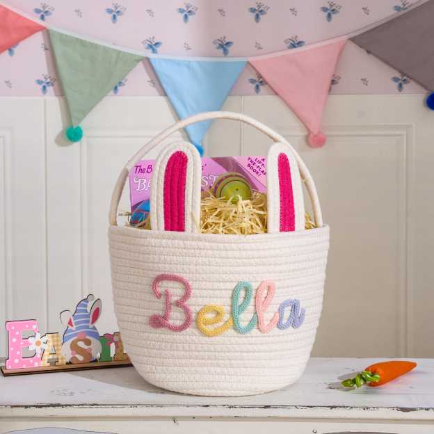 Personalized Hand-embroidered Bunny Easter Basket | CWEaster81