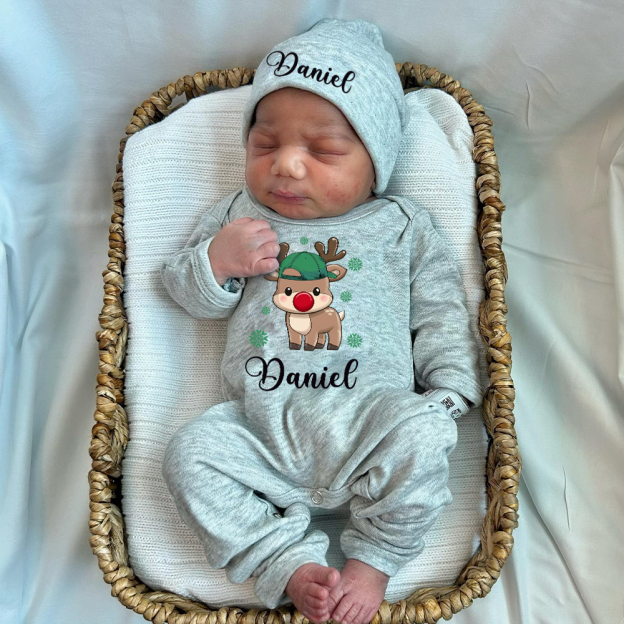 Personalized Baby Christmas Adorable Elk Romper and Hat Set | MCGift233