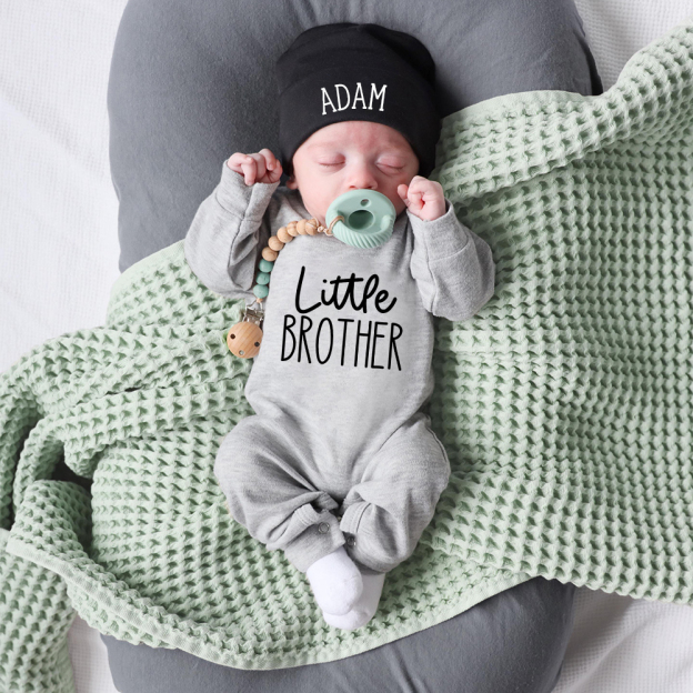 Personalized Little Brother Coming Home Romper With Hat Set | CWBaby13302