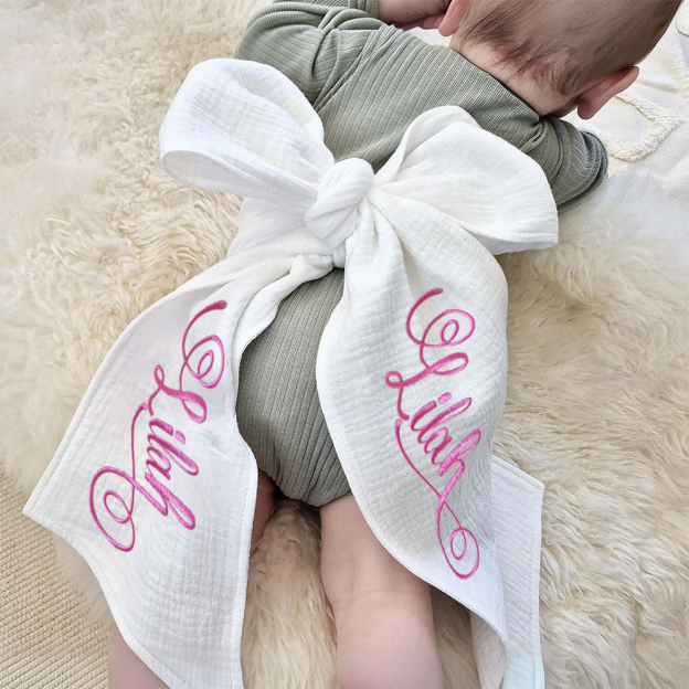 Personalized Embroidery Organic Cotton Yarn Baby Bow Sash | CWBaby261