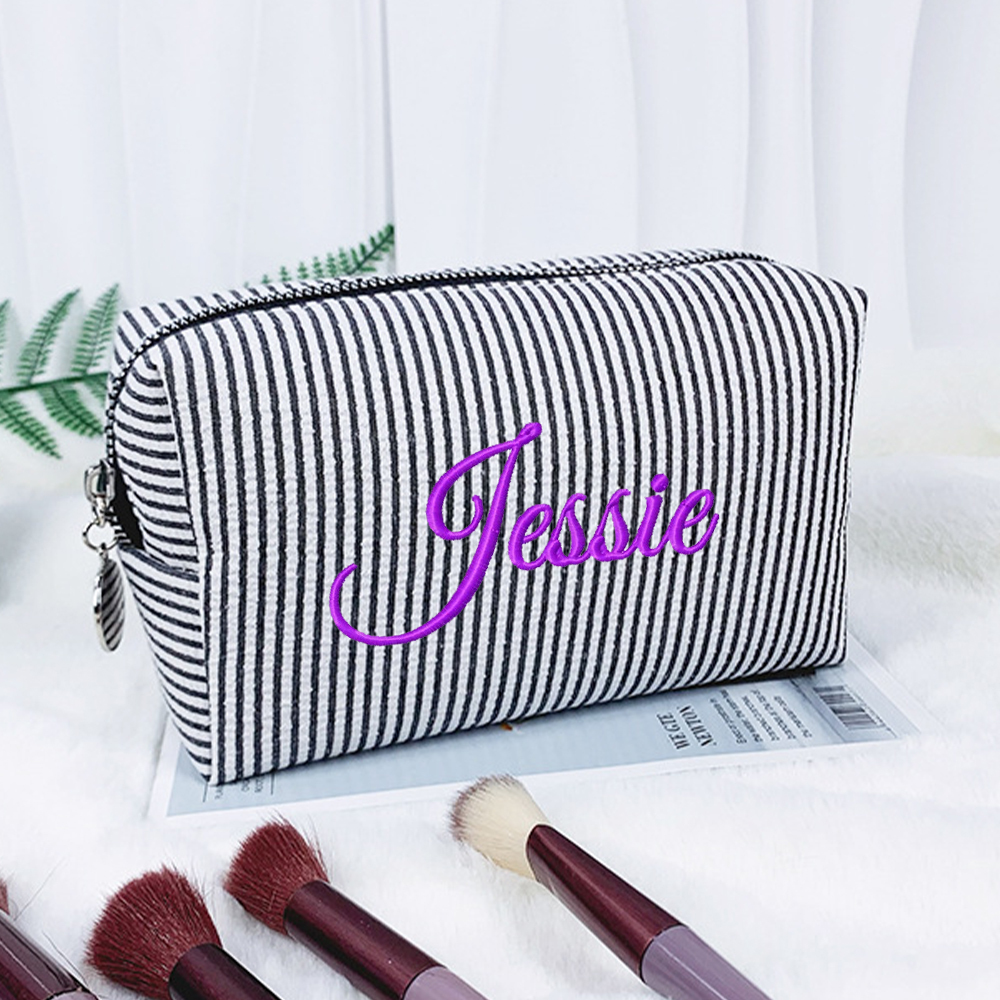 Personalized Embroidered Seersucker Striped Makeup Bag | CWPack295