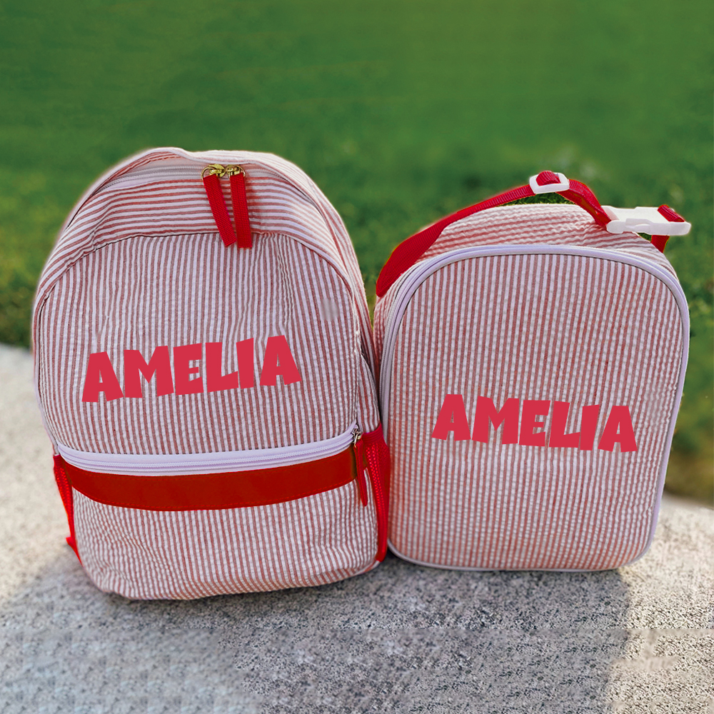 Personalized Chenille Patch Kids Seersucker School Backpack Set