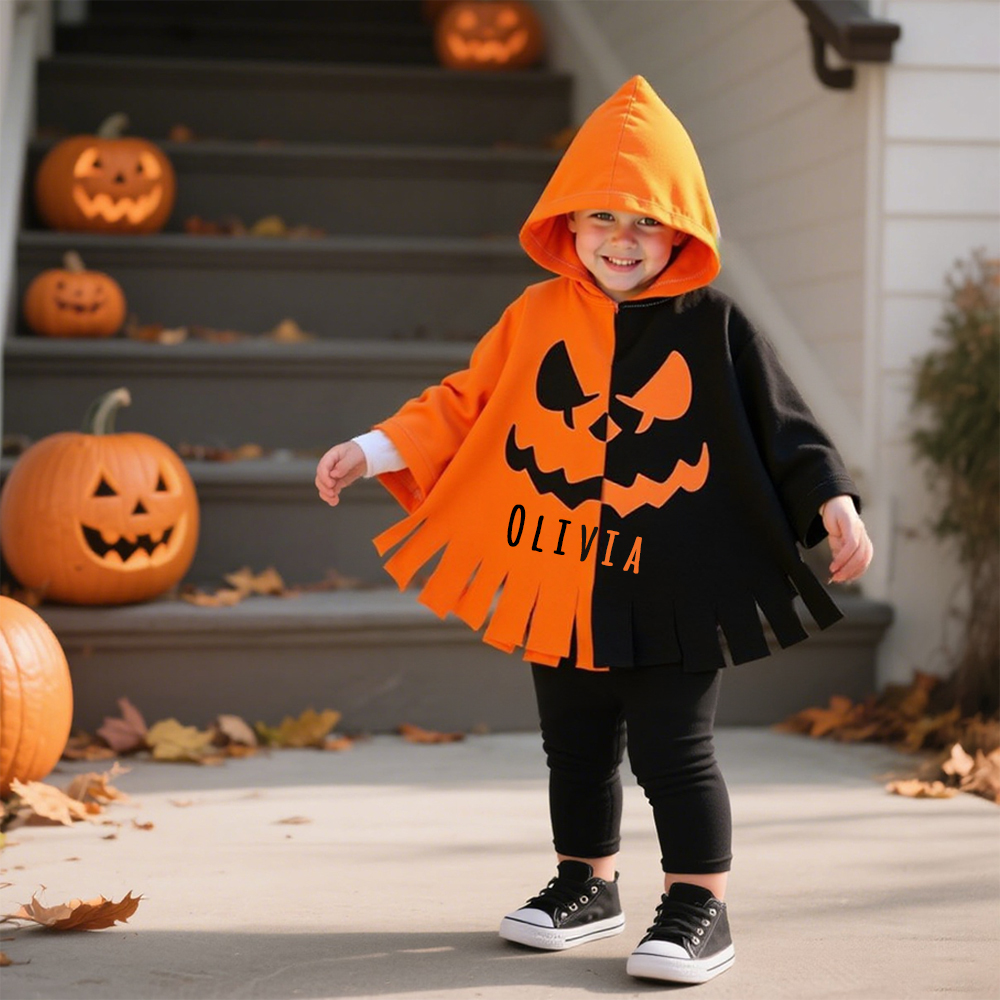 Personalized Kid Pumpkin Halloween Hooded Cloak | CWHalloween51