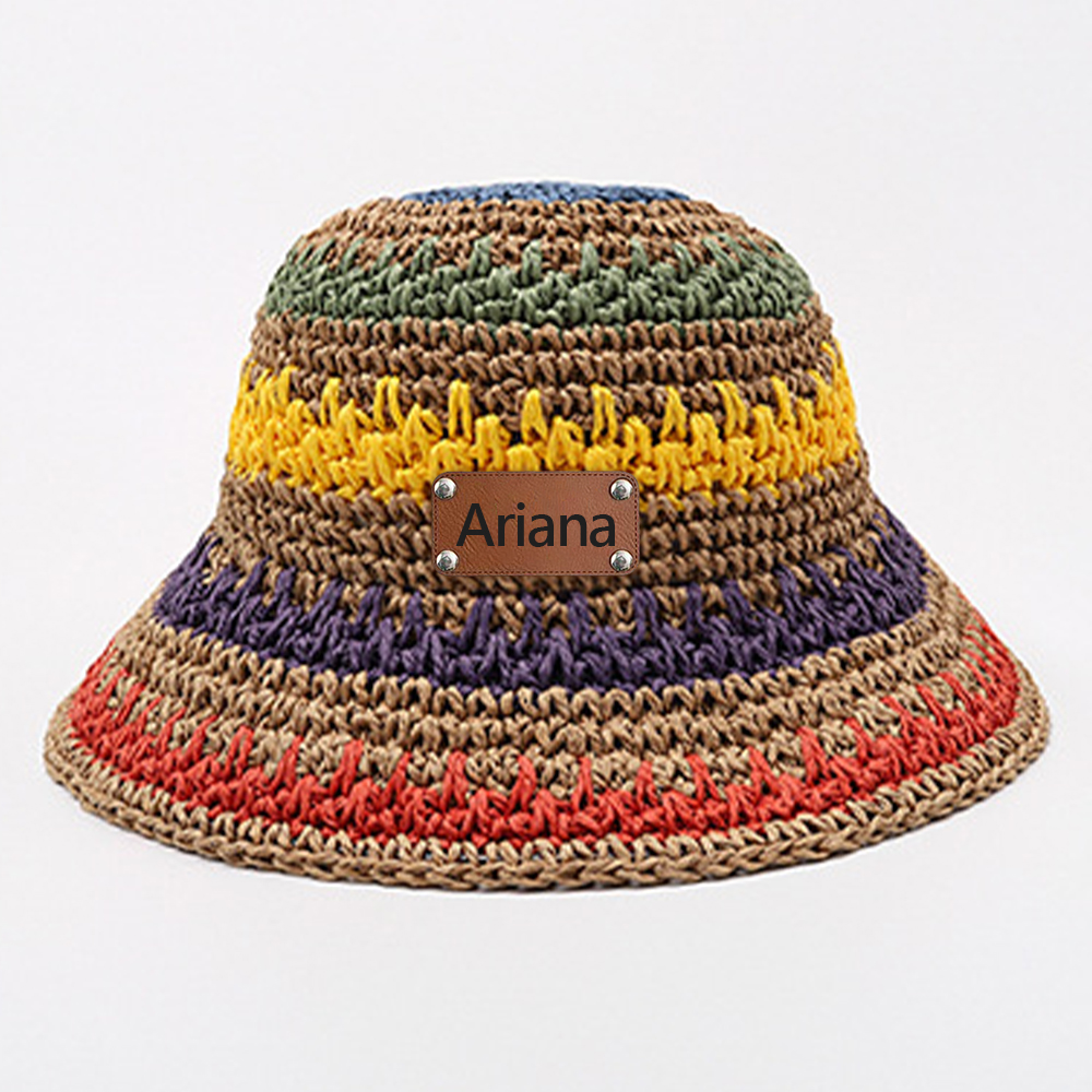 Personalized Summer Leather Patch Rainbow Straw Hat | CWBeach203