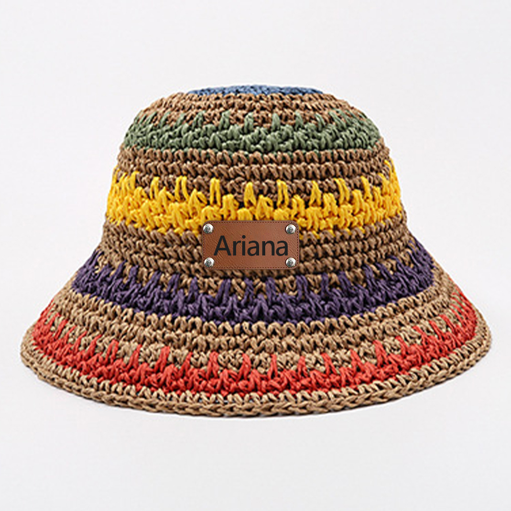 Personalized Summer Leather Patch Rainbow Straw Hat | CWBeach203