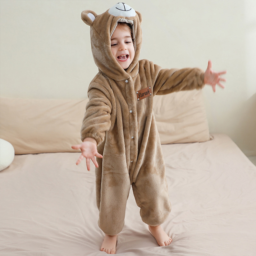 Personalized Leather Patch Baby Lovely Bear Animal Romper | CWBaby288
