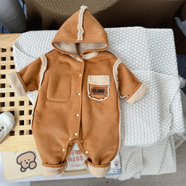 Personalized Leather Patch Double-Sided Wear Suede Baby Romper | CWBaby291