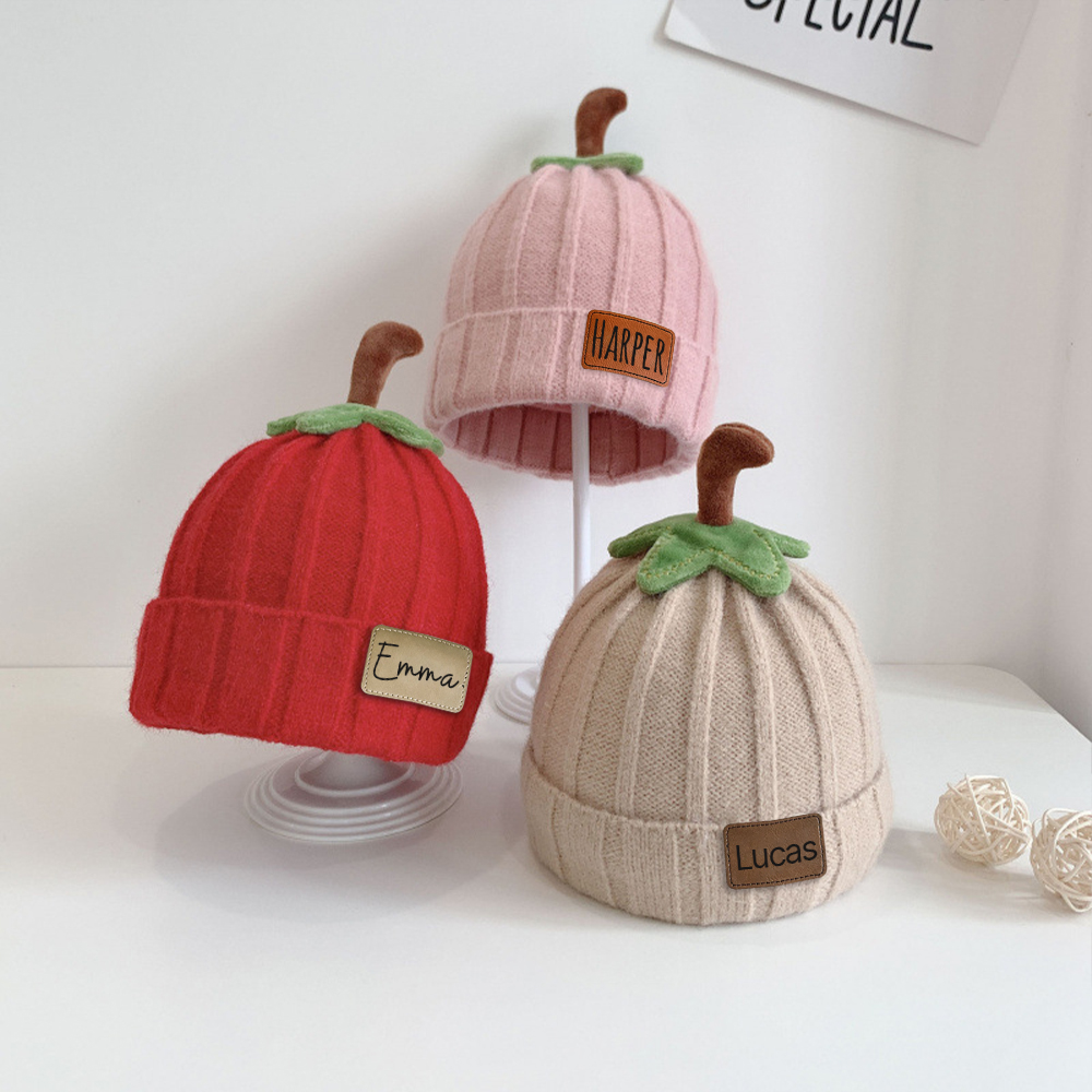 Personalized Leather Patch Pumpkin Wool Beanie | CWHalloween46