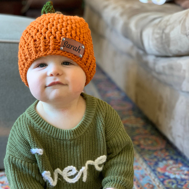 Personalized Leather Patch Pumpkin Wool Beanie | CWHalloween72