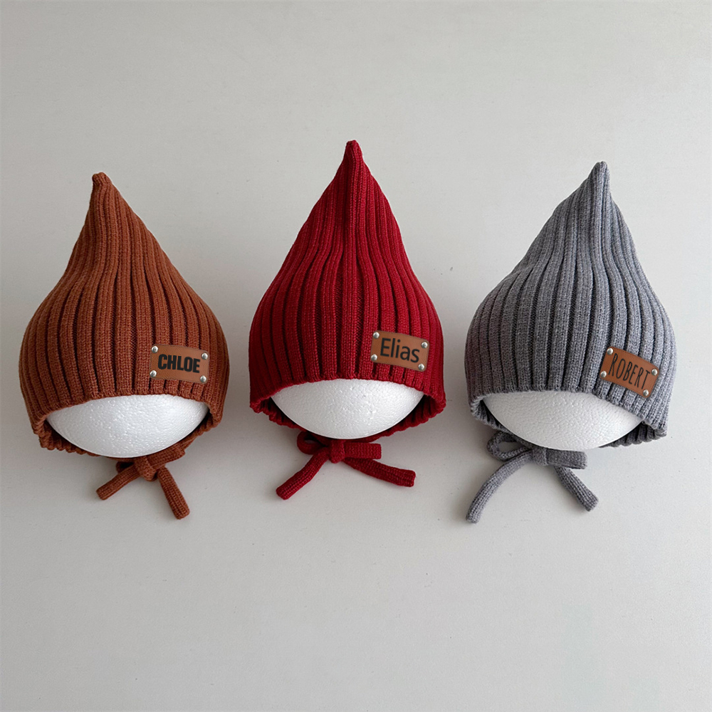 Personalized Leather Patch Knit Pixie Hats | HSKid58