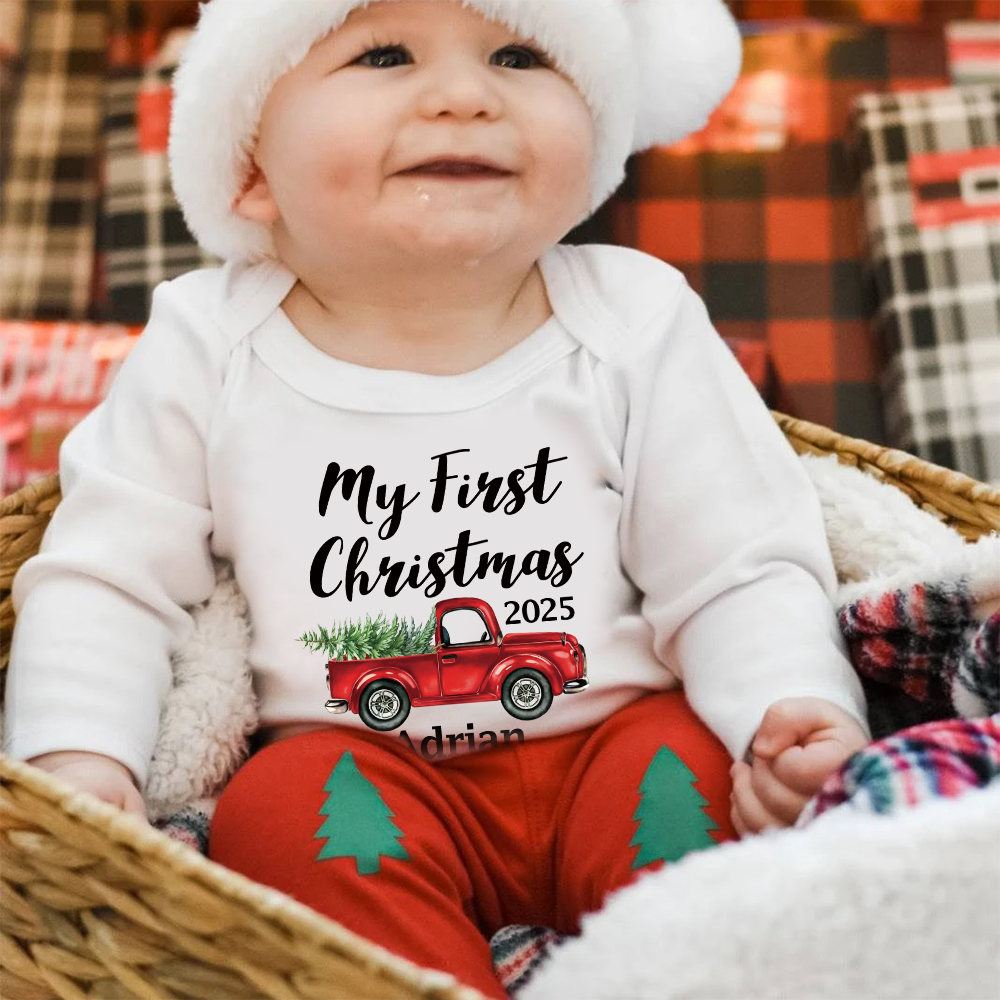Personalized Baby 1st Christmas Ropmer Onesie Set | MCGift121