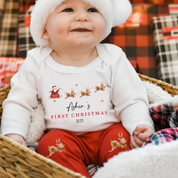 Personalized Baby 1st Christmas Ropmer Onesie Set | MCGift127