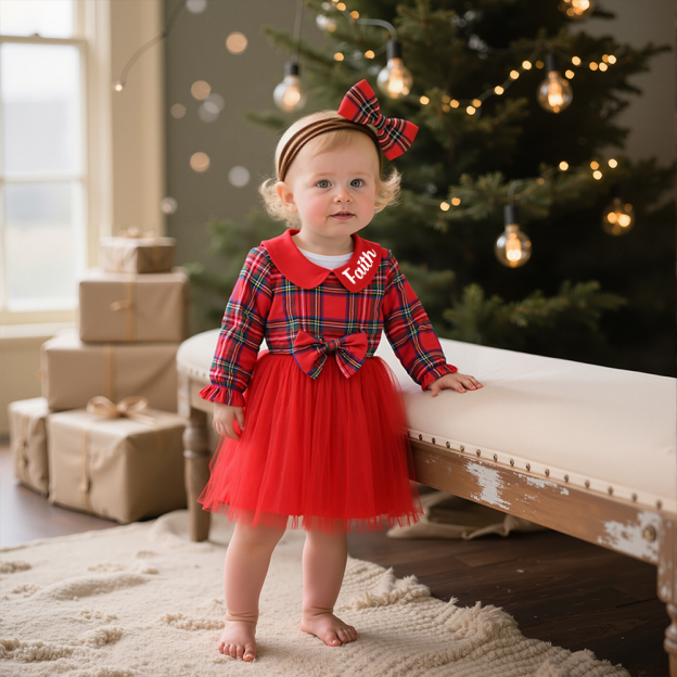 Personalized Christmas Baby Girl Checked Tutu Dress | MCGift156