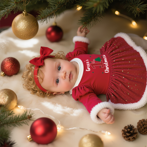 Personalized Baby Girl Christmas Tutu Romper with Bow | MCGift155