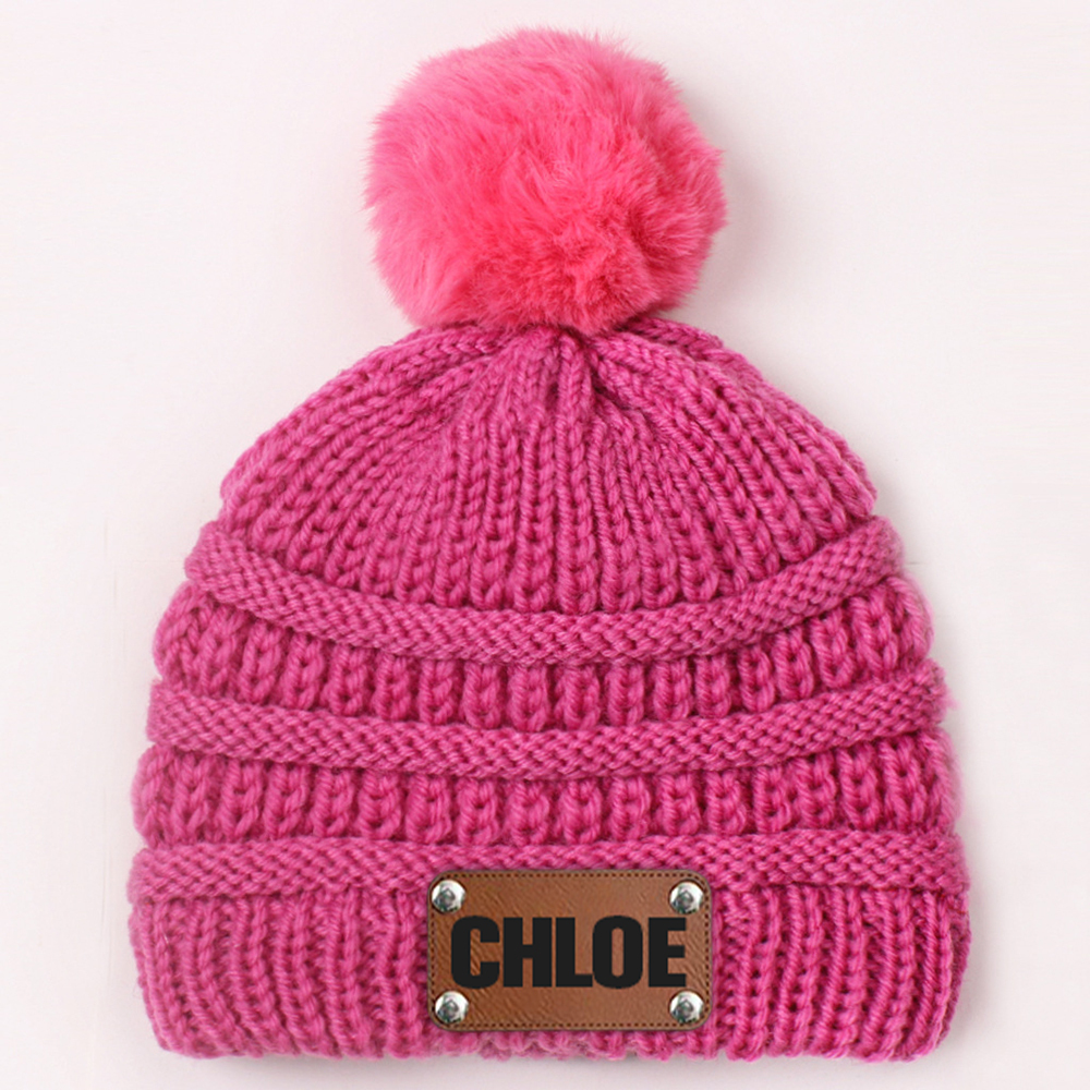 Personalized Leather Patch Kid Colorful Pom Pom Hat | HSKid63