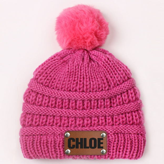 Personalized Leather Patch Kid Colorful Pom Pom Hat | HSKid63