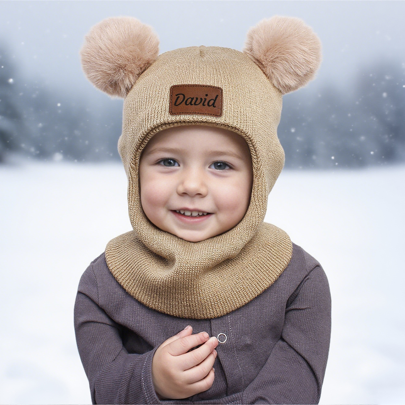 Personalized Kid Winter Warm Knitted PomPom Hat Scarf | HSKid64