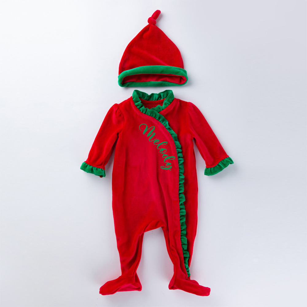 Personalized Newborn Christmas Velvet Ruffle Romper | MCGift176