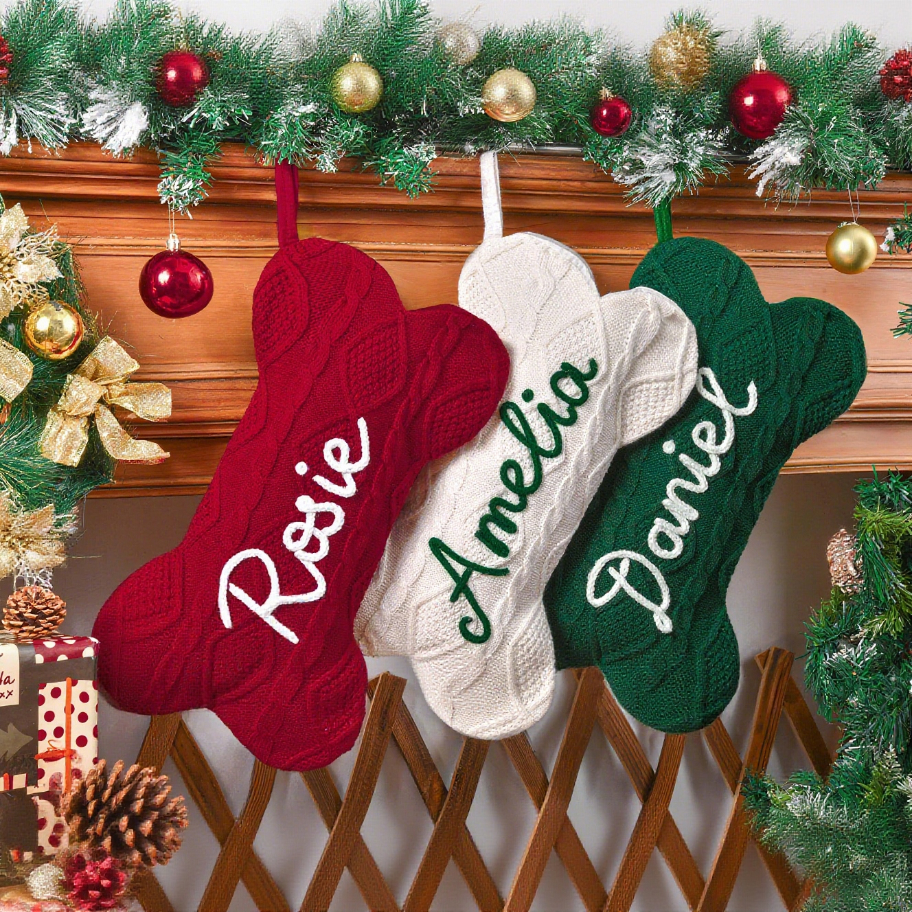 Personalized Hand-embroidery Dog Bone Christmas Stocking | MCGift177