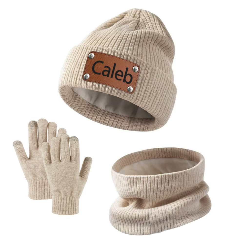 Personalized Leather Patch Kid Winter Hat Glove Scarf Set | HSKid69