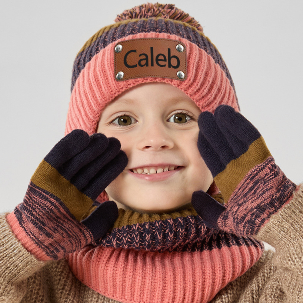 Personalized Leather Patch Kid Winter Hat Glove Scarf Set | HSKid70