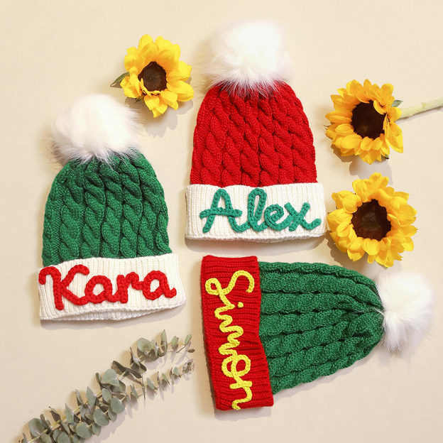 Personalized Hand Embroidery Christmas Pom Pom Hat | HSKid71