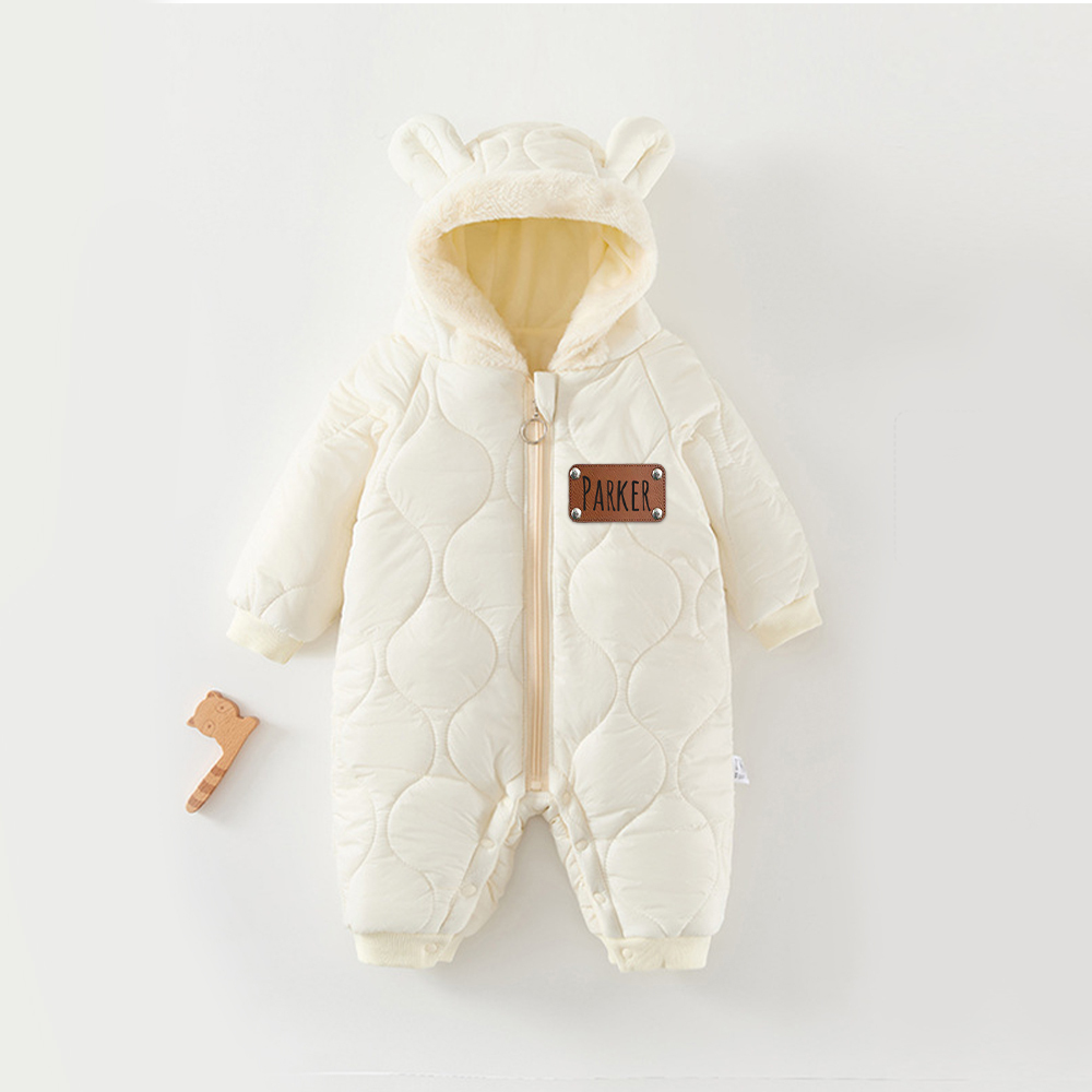 Personalized Leather Patch Kids Thickened Puffer Romper | CWBaby334