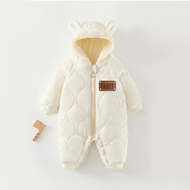 Personalized Leather Patch Kids Thickened Puffer Romper | CWBaby334