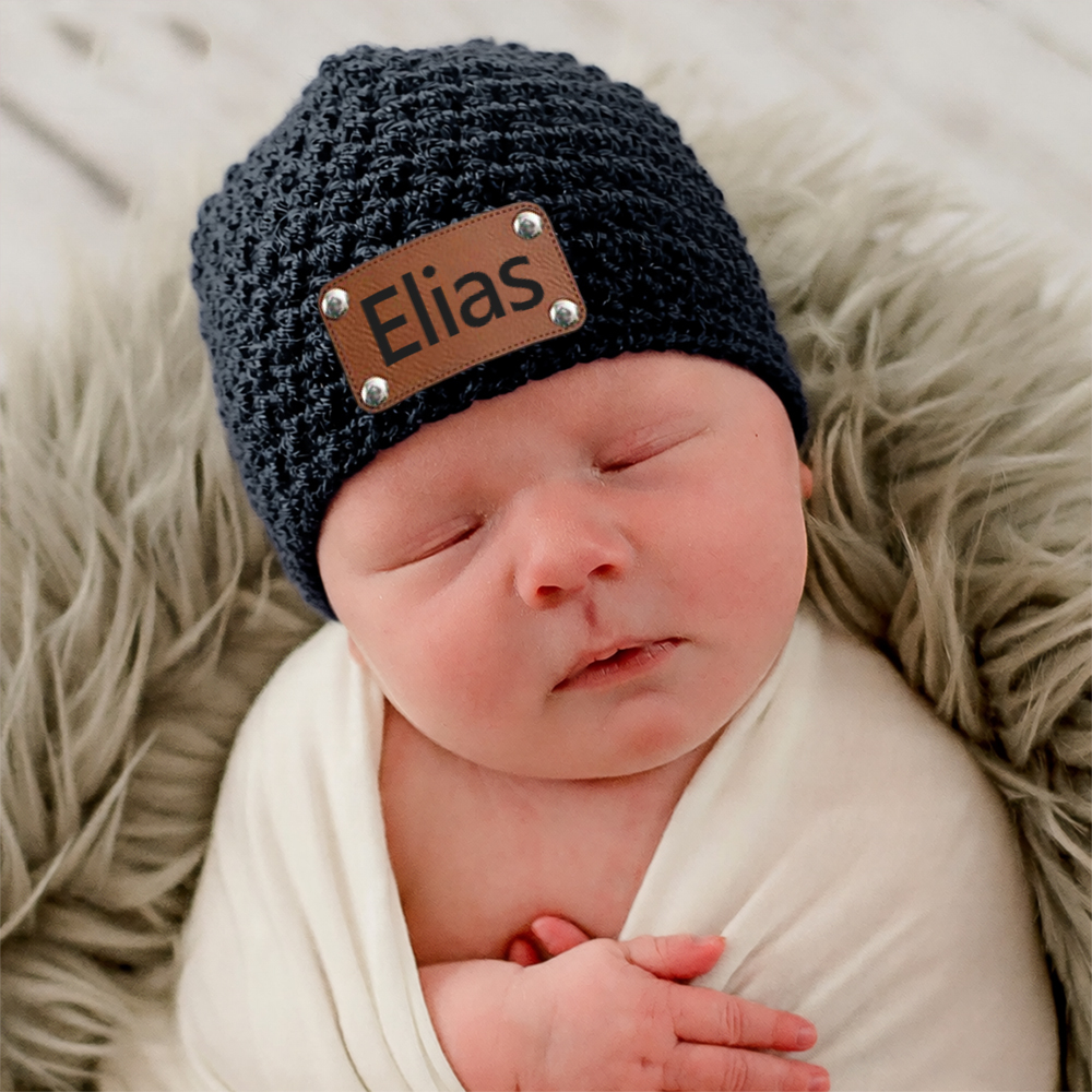 Personalized Leather Patch Baby Winter Warm Knitted Hat | HSKid76