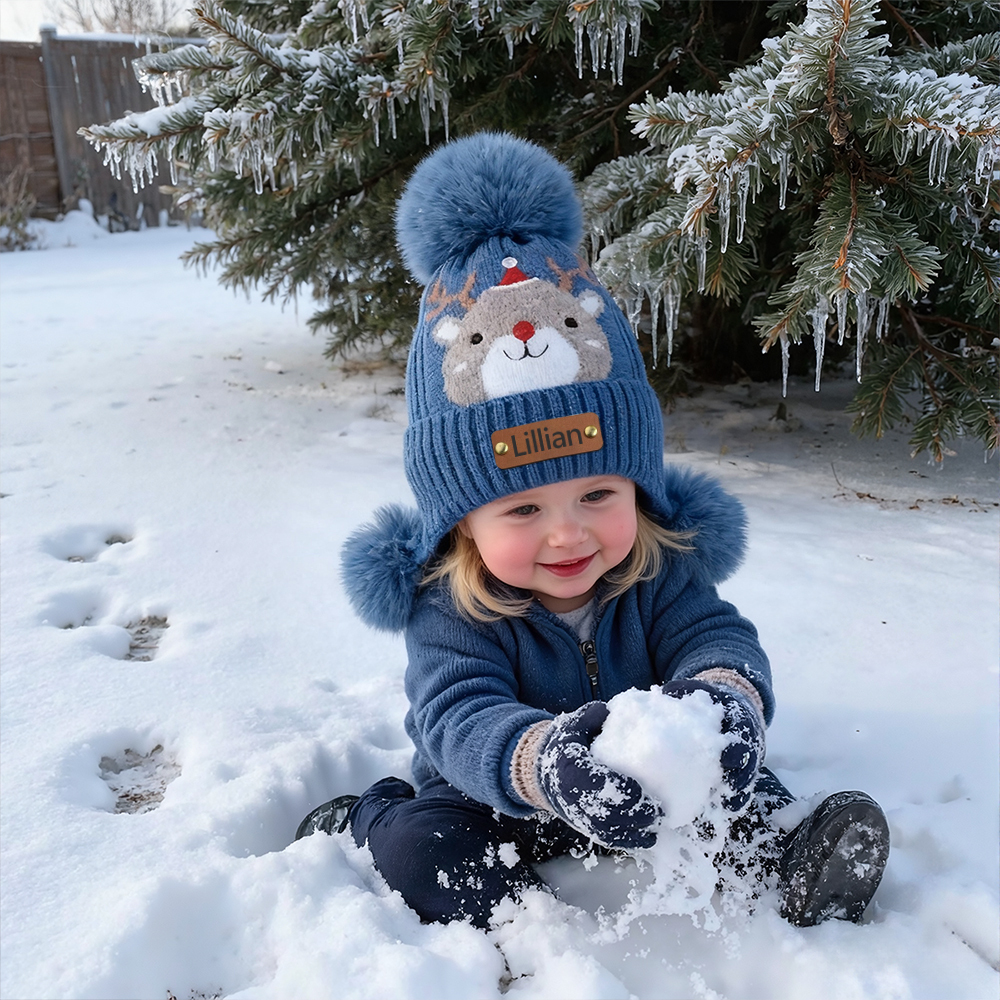 Personalized Leather Patch Adorable Elk Warm Winter Pom Pom Hat | HSKid77