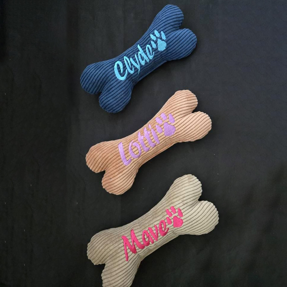 Personalized Embroidered Corduroy Puppy Bone Squeaker Toy | BKPet257