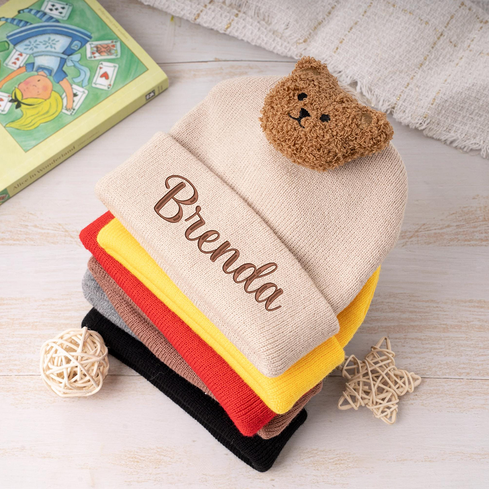 Personalized Embroidery Organic Cotton Baby Beanie with Teddy Bear | HSKid78