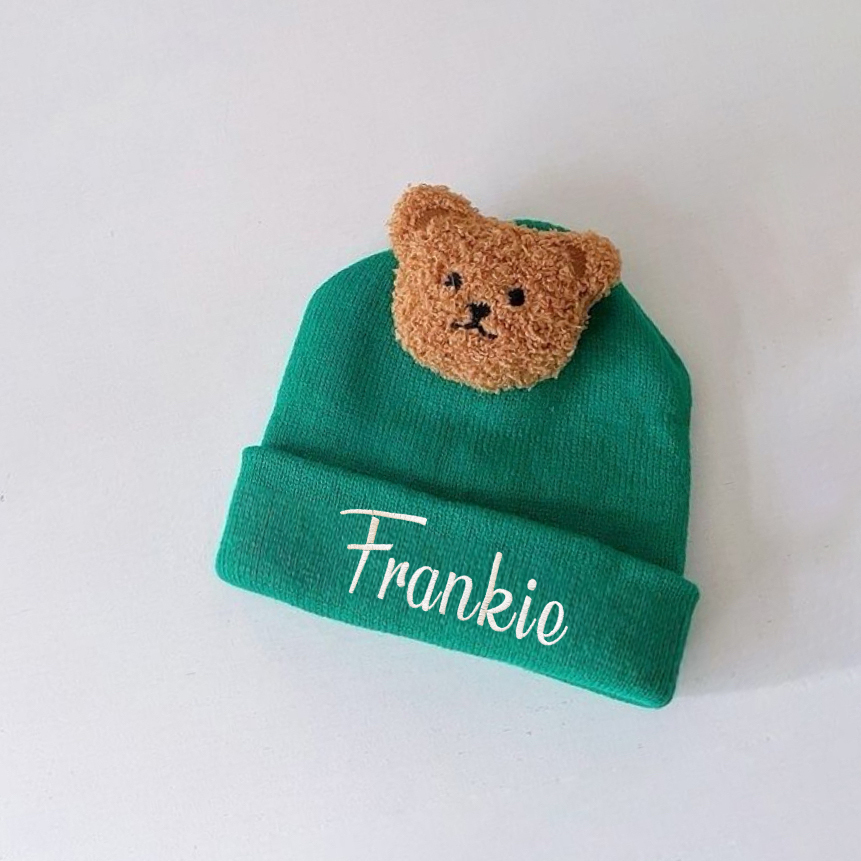 Personalized Embroidery Organic Cotton Baby Beanie with Teddy Bear | HSKid78