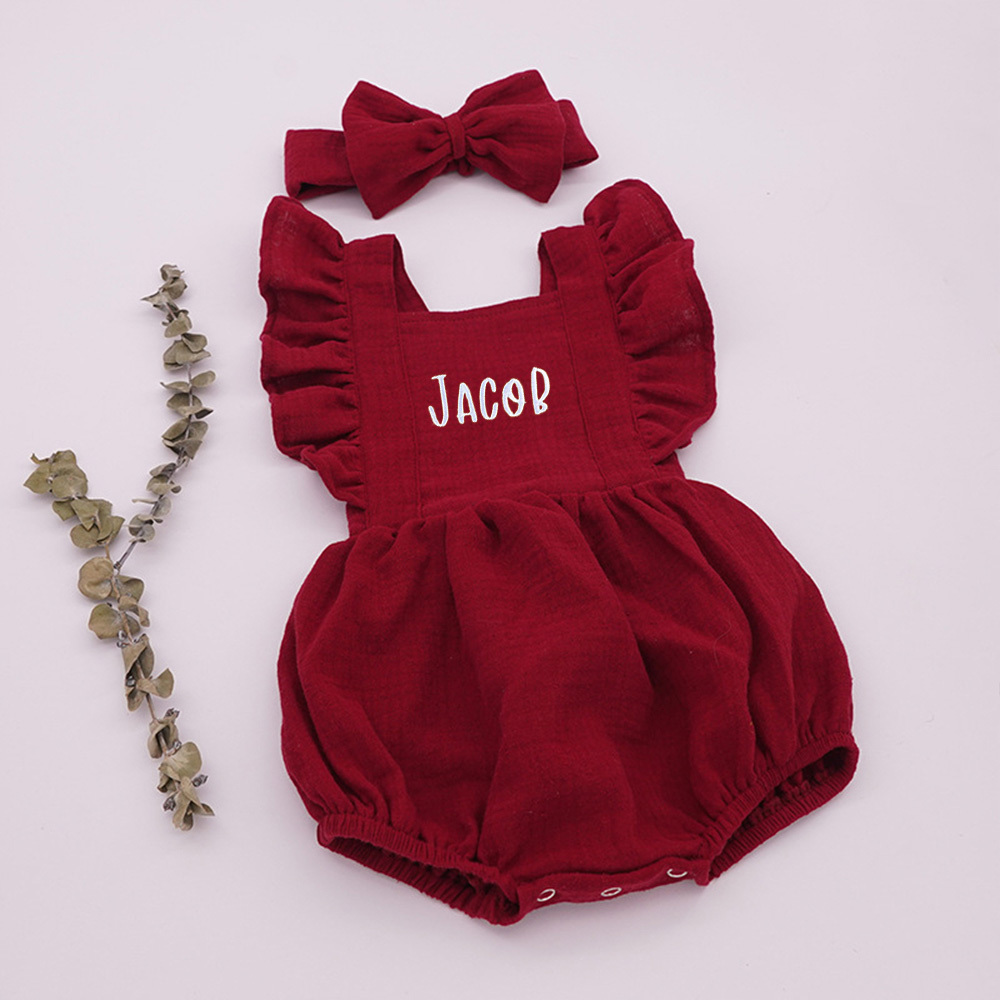 Personalized Embroidery Baby Organic Cotton Muslin Romper with Bow | inRomper35
