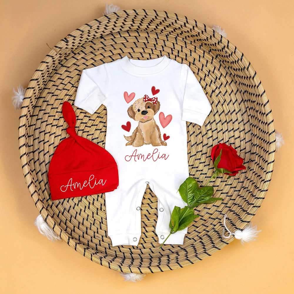Personalized Baby First Valentine Romper and Hat Set | CWBaby374